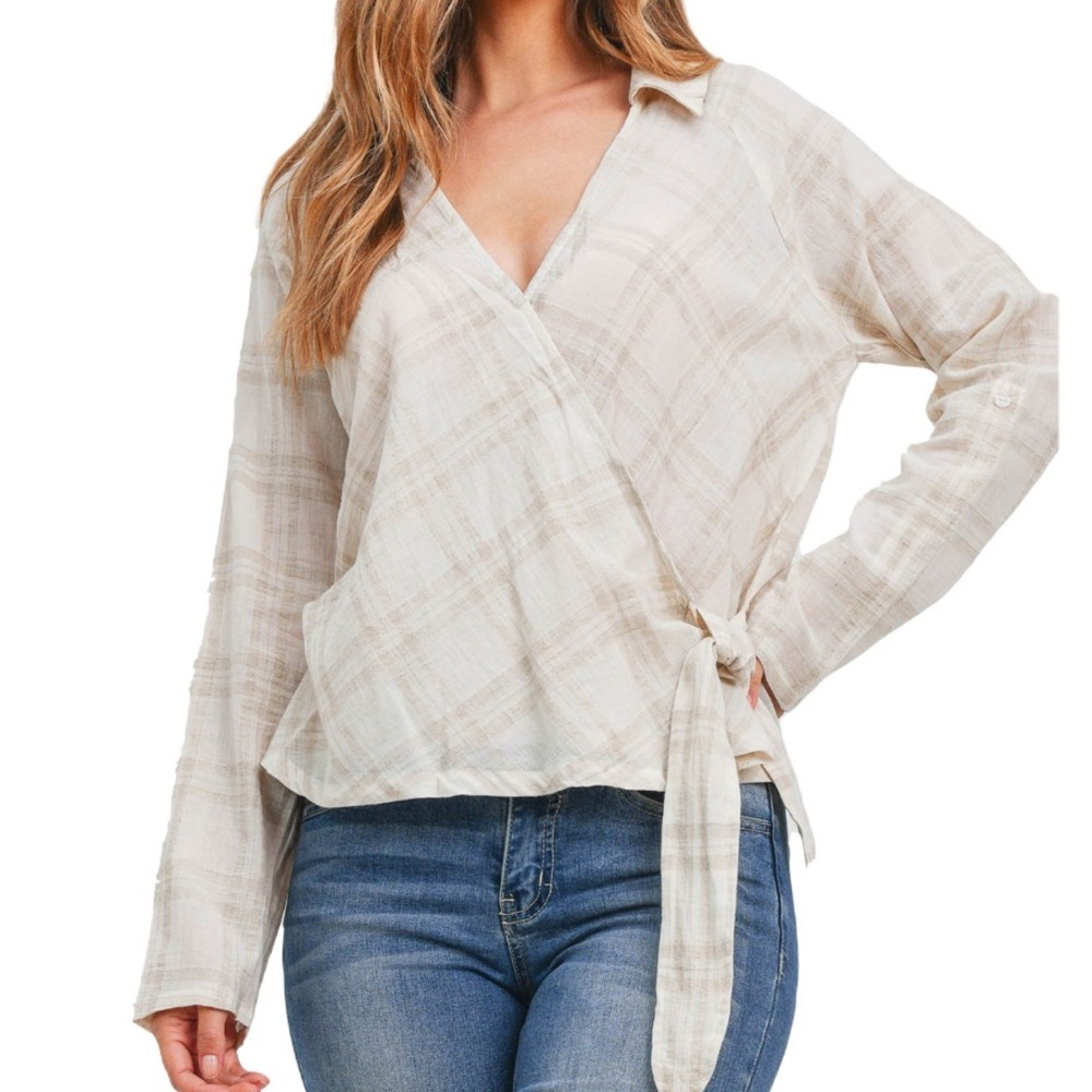 NWT Tan Linen Long Sleeve Wrap Blouse